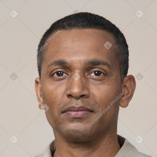 Neutral black adult male with short  black hair and brown eyes