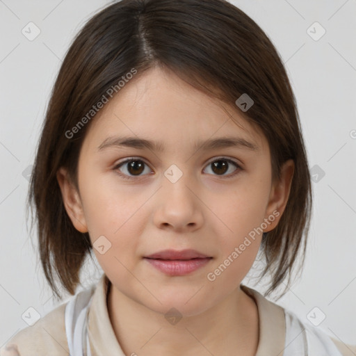 Joyful white child female with medium  brown hair and brown eyes