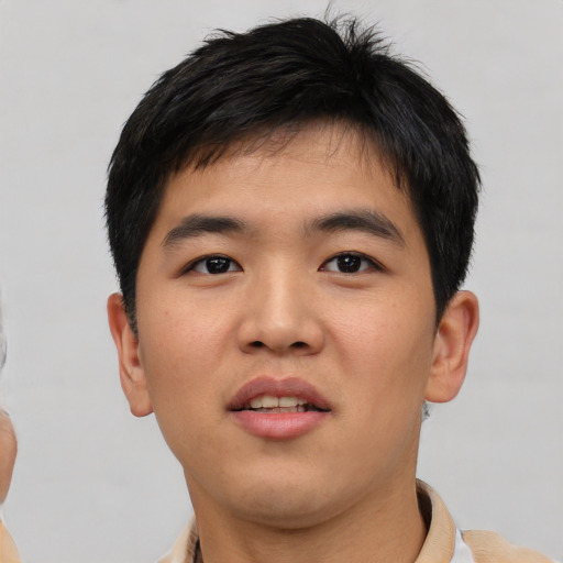 Neutral asian young-adult male with short  black hair and brown eyes