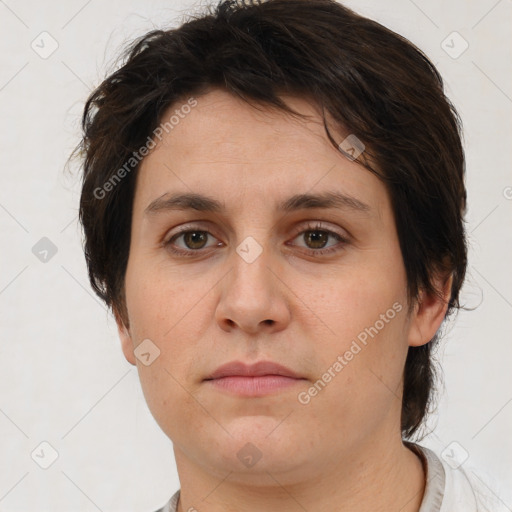 Neutral white young-adult female with short  brown hair and brown eyes