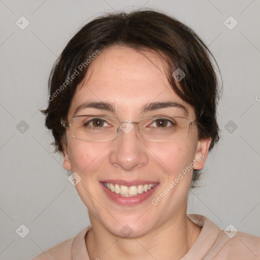 Joyful white adult female with medium  brown hair and brown eyes