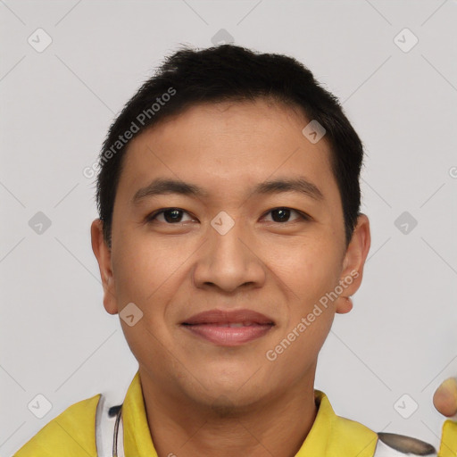 Joyful latino young-adult male with short  brown hair and brown eyes
