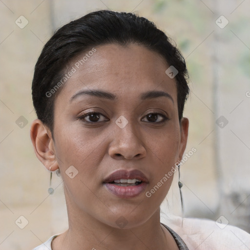 Joyful white young-adult female with short  brown hair and brown eyes