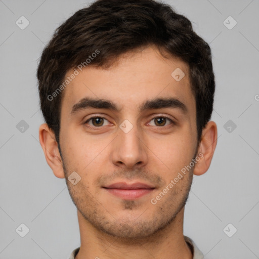 Neutral white young-adult male with short  brown hair and brown eyes