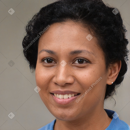 Joyful white adult female with short  brown hair and brown eyes