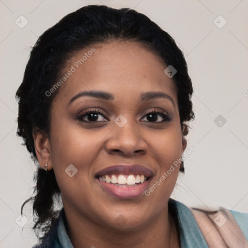 Joyful latino young-adult female with long  black hair and brown eyes