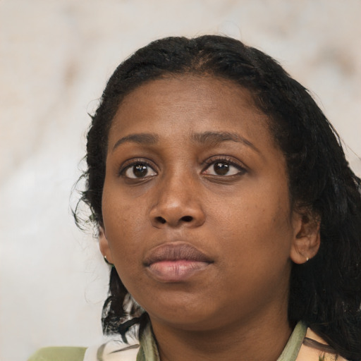 Neutral white young-adult female with medium  black hair and brown eyes