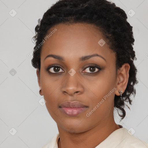 Neutral black young-adult female with short  black hair and brown eyes