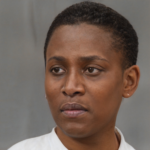 Neutral black young-adult female with short  brown hair and brown eyes