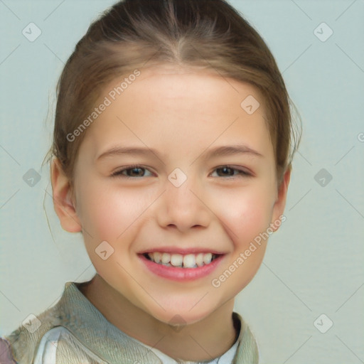 Joyful white child female with short  brown hair and brown eyes