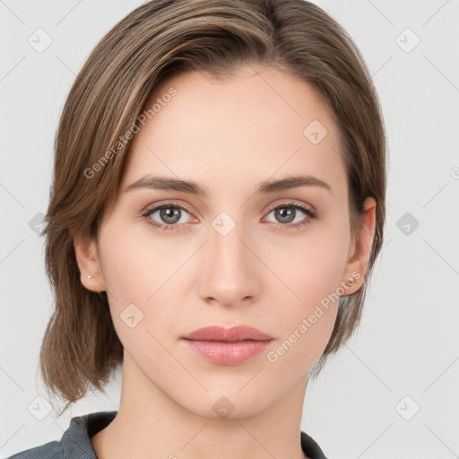 Neutral white young-adult female with medium  brown hair and grey eyes