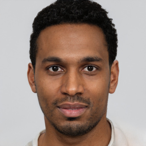 Neutral black young-adult male with short  black hair and brown eyes