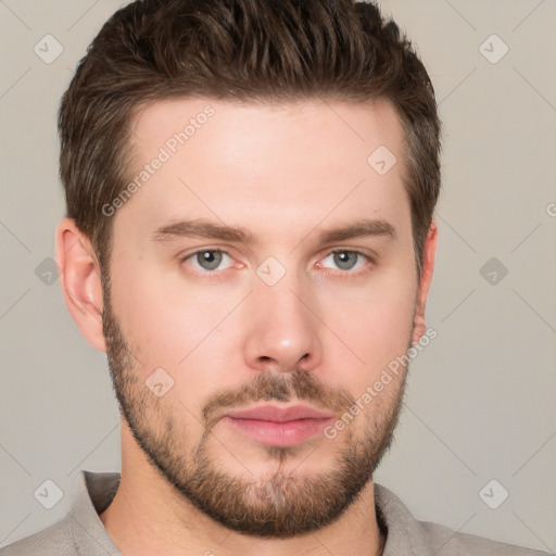 Neutral white young-adult male with short  brown hair and grey eyes