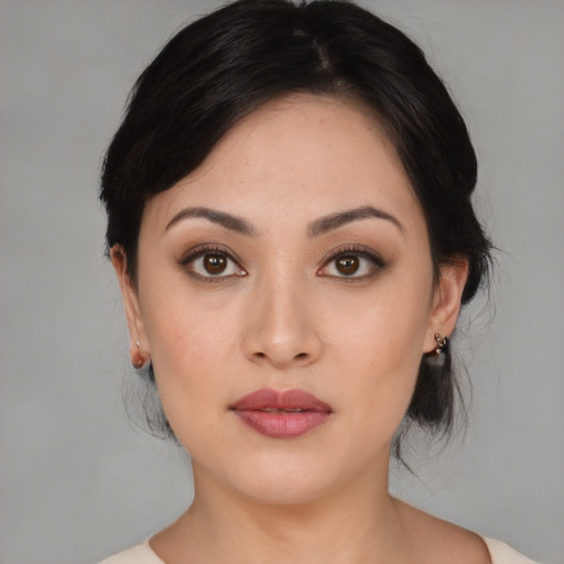 Neutral asian young-adult female with medium  black hair and brown eyes
