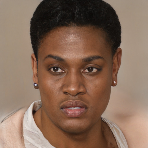 Neutral black young-adult female with short  black hair and brown eyes
