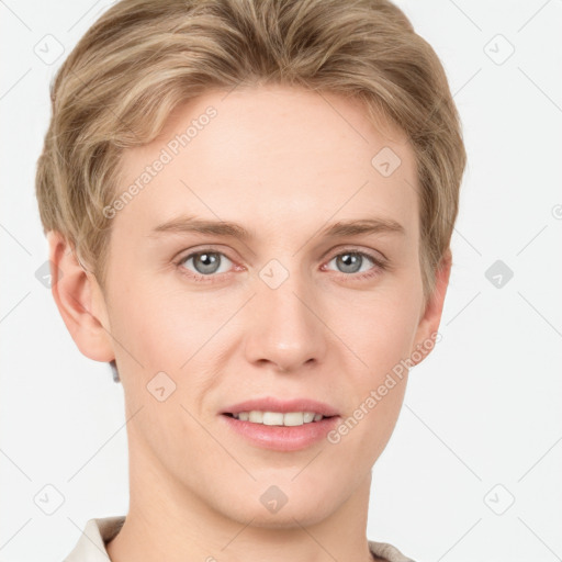 Joyful white young-adult female with short  brown hair and grey eyes