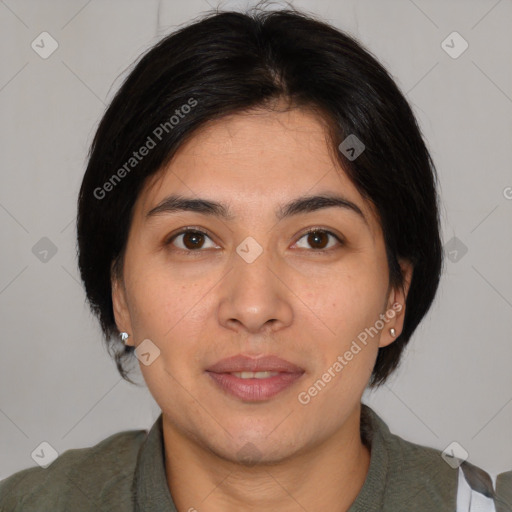 Joyful white young-adult female with medium  brown hair and brown eyes