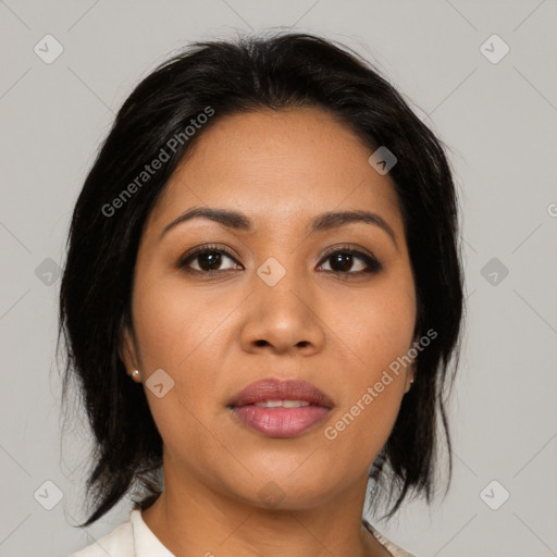 Joyful asian young-adult female with medium  brown hair and brown eyes