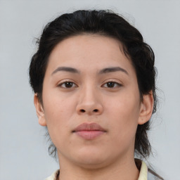 Neutral asian young-adult female with medium  brown hair and brown eyes