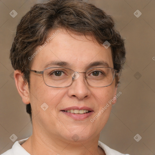 Joyful white adult female with short  brown hair and brown eyes