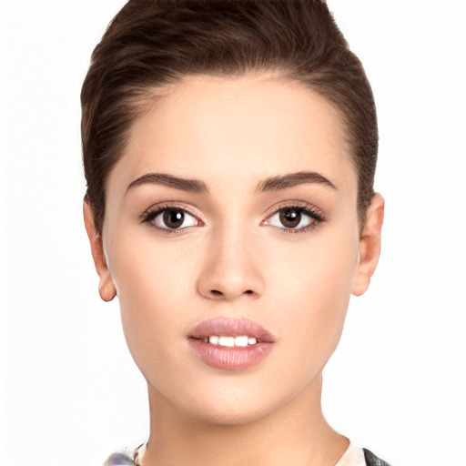 Neutral white young-adult female with short  brown hair and brown eyes