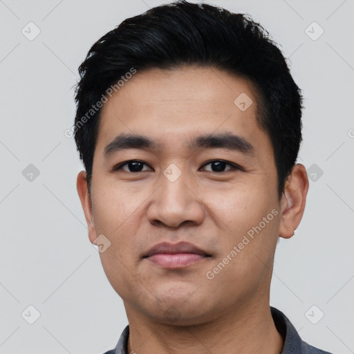 Neutral asian young-adult male with short  black hair and brown eyes