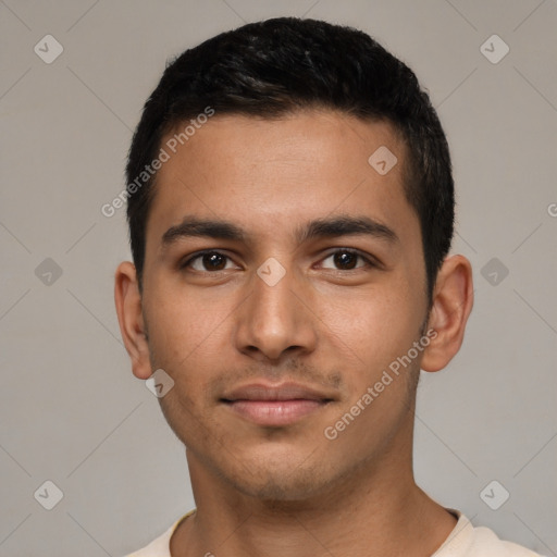 Neutral latino young-adult male with short  black hair and brown eyes