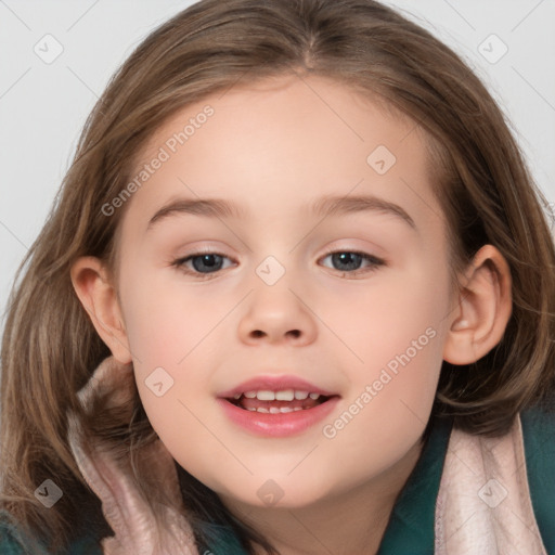 Joyful white child female with medium  brown hair and brown eyes