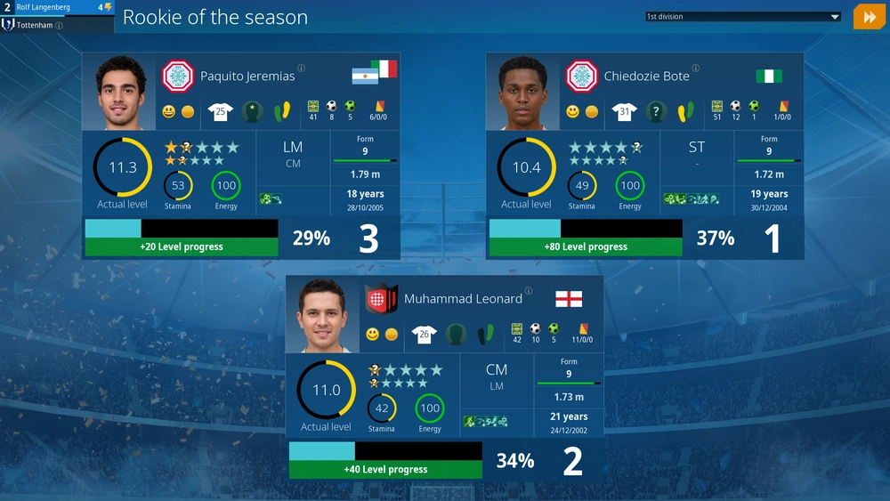 We Are Football 2024 Rookie of the season screen showing three top young players with ratings