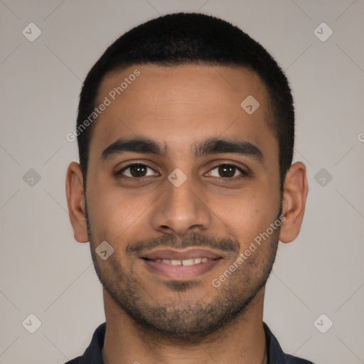 Joyful latino young-adult male with short  black hair and brown eyes