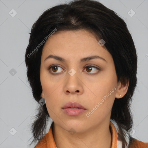 Neutral asian young-adult female with medium  black hair and brown eyes