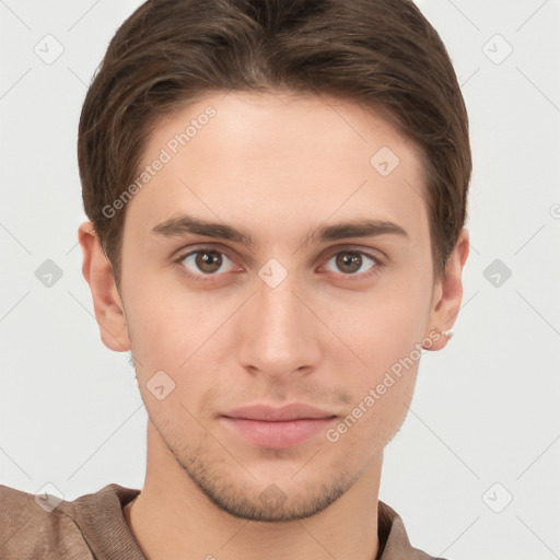 Neutral white young-adult male with short  brown hair and brown eyes