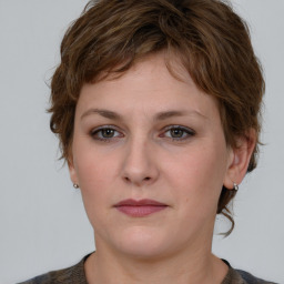 Neutral white young-adult female with short  brown hair and brown eyes