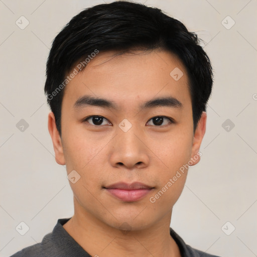 Neutral asian young-adult male with short  black hair and brown eyes