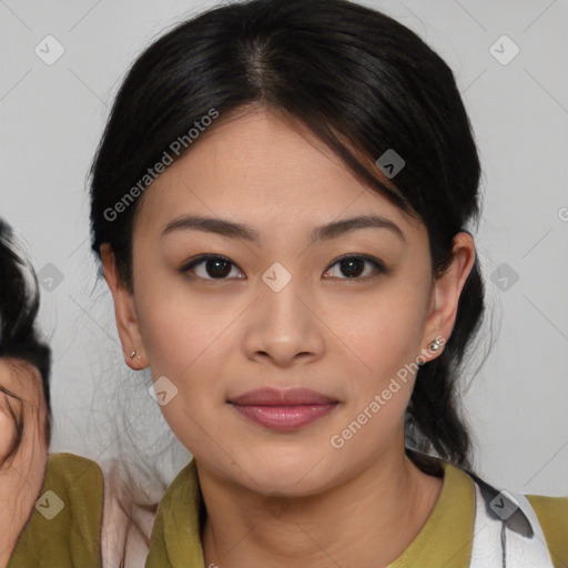 Joyful asian young-adult female with medium  brown hair and brown eyes