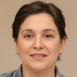 Joyful white adult female with medium  brown hair and brown eyes