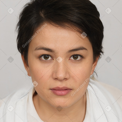 Neutral white young-adult female with medium  brown hair and brown eyes