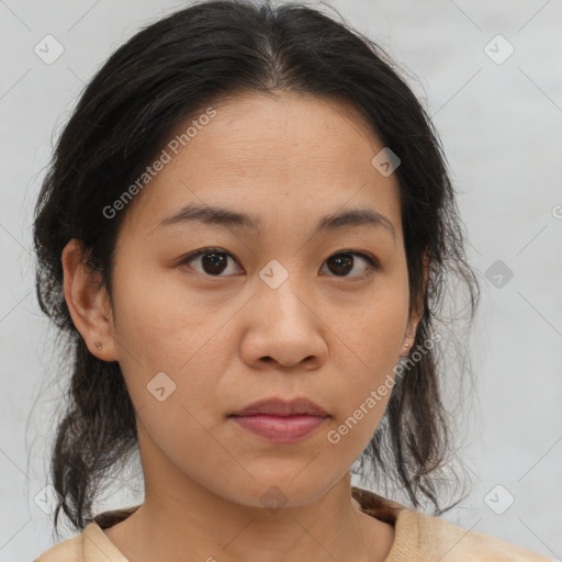 Neutral asian young-adult female with medium  brown hair and brown eyes