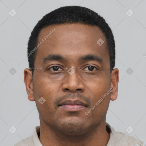 Neutral black young-adult male with short  black hair and brown eyes