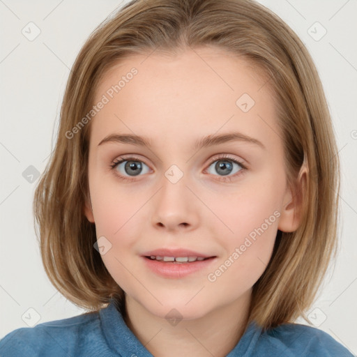 Joyful white child female with medium  brown hair and blue eyes