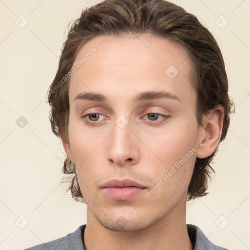 Neutral white young-adult female with medium  brown hair and grey eyes