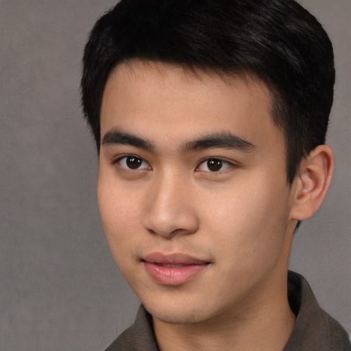 Neutral asian young-adult male with short  brown hair and brown eyes