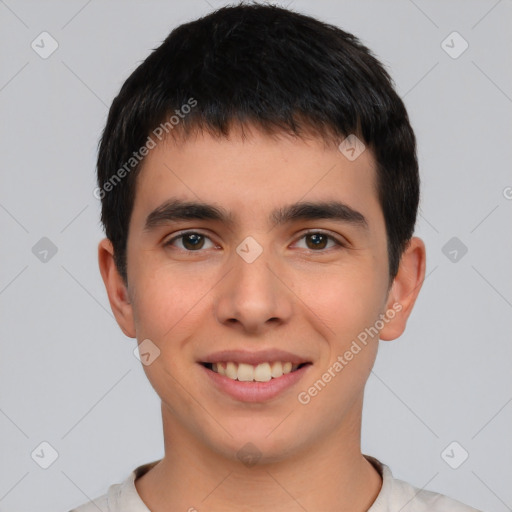 Joyful white young-adult male with short  black hair and brown eyes