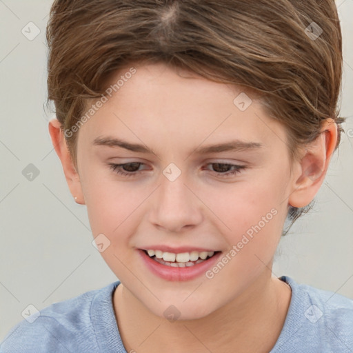 Joyful white child female with short  brown hair and brown eyes