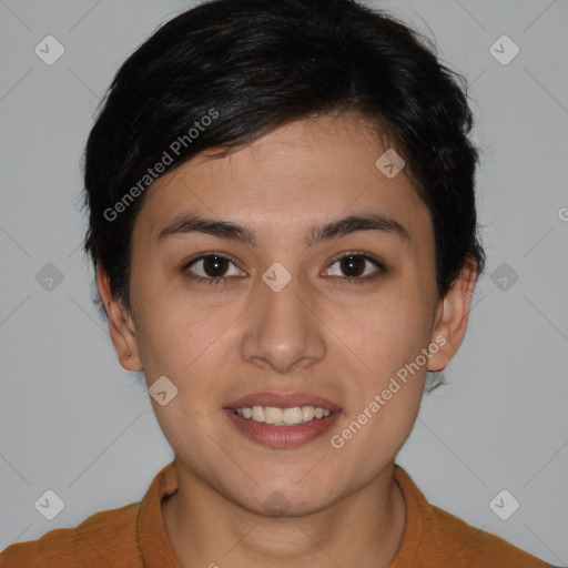 Joyful white young-adult female with short  brown hair and brown eyes