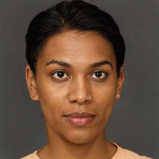 Neutral black young-adult female with short  black hair and brown eyes