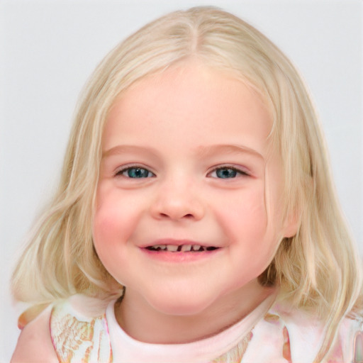 Joyful white child female with medium  brown hair and blue eyes