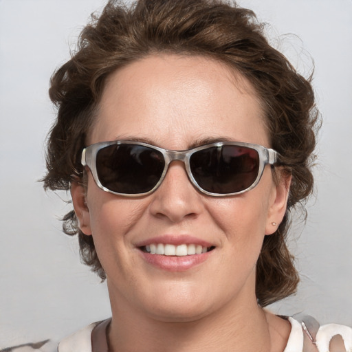 Joyful white young-adult female with medium  brown hair and blue eyes