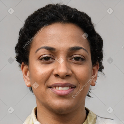 Joyful latino young-adult female with short  brown hair and brown eyes