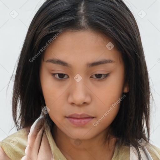 Neutral asian young-adult female with long  brown hair and brown eyes